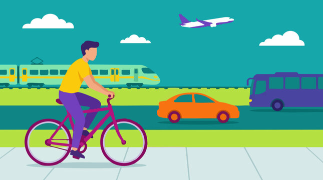 Urban Mobility and Diverse Transportation Options in Modern Flat Illustration