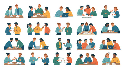 Fototapeta premium Flat Vector Illustration of Diverse Business People Collaborating, Discussing, and Communicating in Team Meetings