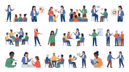 Fototapeta premium Diverse group of people in various professional and educational settings, flat design