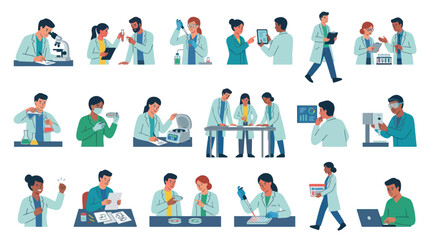 Fototapeta premium Flat Style Vector Illustration of Scientists in Laboratory Conducting Research and Experiments