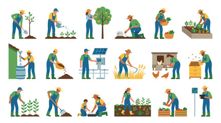 Fototapeta premium Flat Illustration of Agriculture Farming Activities. Farmers Planting, Harvesting, Smart Farming Organic Gardening.