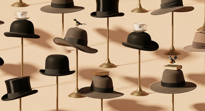 Variety of old classic hats displayed.