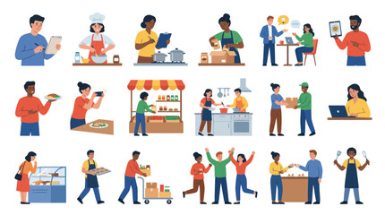 Fototapeta premium Flat Design People in Food Industry, Cooking, Serving, Delivering Food