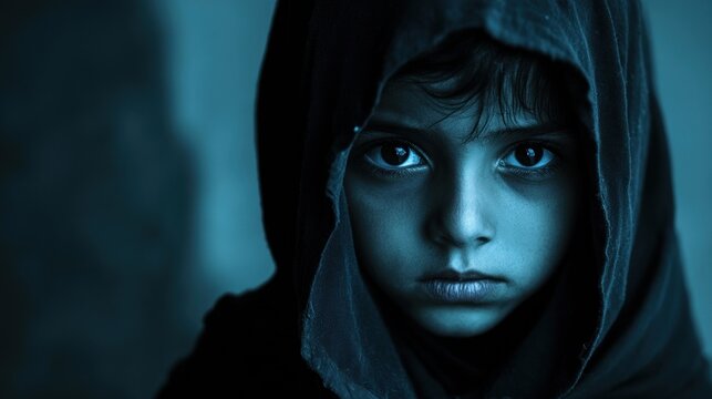 Close-up of a Middle Eastern refugee child in a dark hood with a serious expression against a muted, blurred blue backdrop.