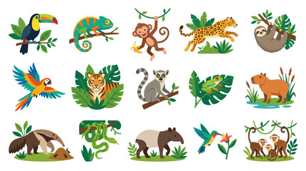 Fototapeta premium Flat Design Jungle Animals: Toucan, Monkey, Leopard, Sloth, Parrot, Tiger, Lemur, Frog, Capybara