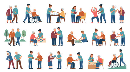 Fototapeta premium Flat Illustration Vector Set: Elder Care, Seniors and Caregivers Engaging in Assisted Living Activities