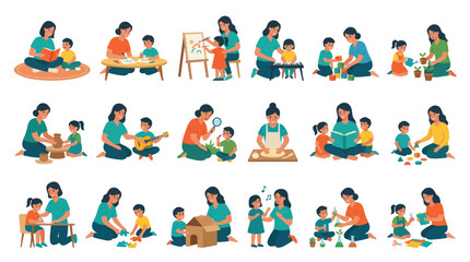Fototapeta premium Flat Vector Illustration of Early Childhood Education, Adult and Children Engaged in Learning Activities