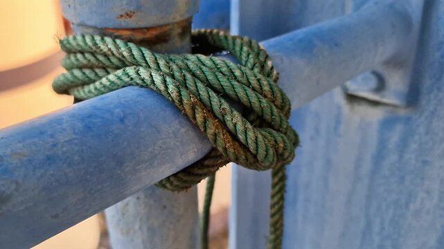 Sidoarjo, Indonesia - 19 June, 2026: Textured green nylon rope wrapped tightly around a weathered blue painted iron tube, detailed close-up of industrial fastening and security