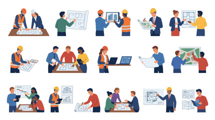 Fototapeta premium Architecture and Construction Industry Professionals Team Working with Blueprints, Plans, Engineering - Flat Design Vector Illustration