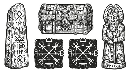 Viking Symbols: Rune Stone, Chest, Statue, and Talismans © Moep