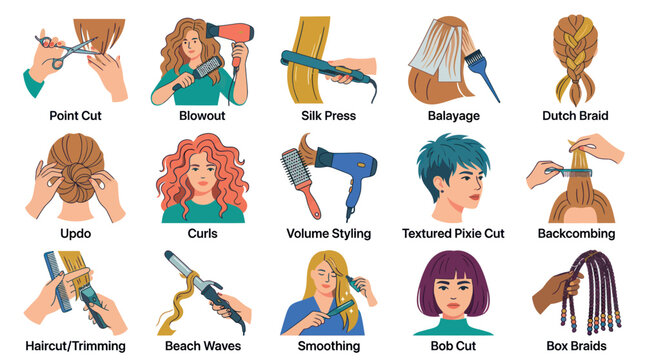 Hairstyling Techniques Infographic - Flat Vector Illustration of Haircuts and Styles