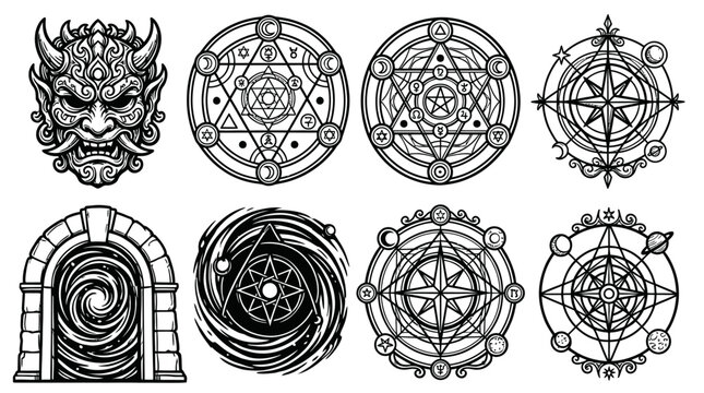 Esoteric Symbols: Oni Mask, Magic Circles, Portal, Compass