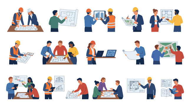 Architecture and Construction Industry Professionals Team Working with Blueprints, Plans, Engineering - Flat Design Vector Illustration