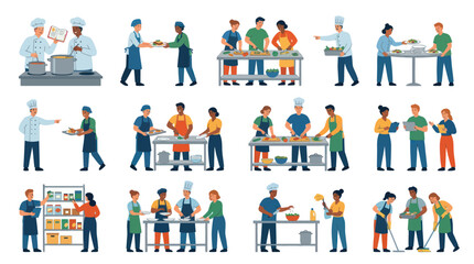 Fototapeta premium Flat Vector Illustration of Diverse Chefs and Cooks Working in Kitchen Scenes