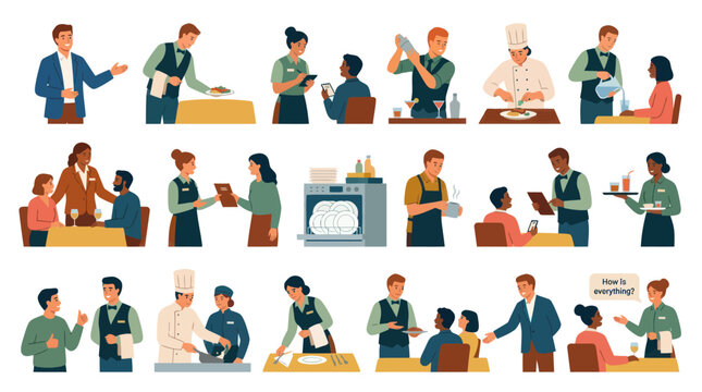 Flat Design Vector Set of Restaurant and Hospitality Staff and Customers Interactions
