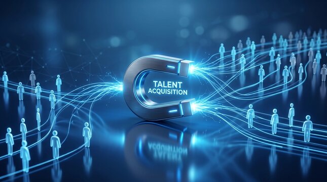 Shiny metallic magnet attracting glowing blue human silhouette icons representing professional talent acquisition strategy set against a dark reflective surface with bright electric sparks and lines