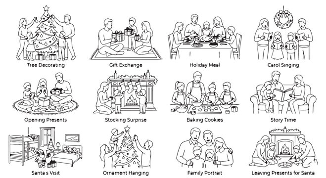 Family activity and domestic habit sketches with text labels activity sketches domestic children