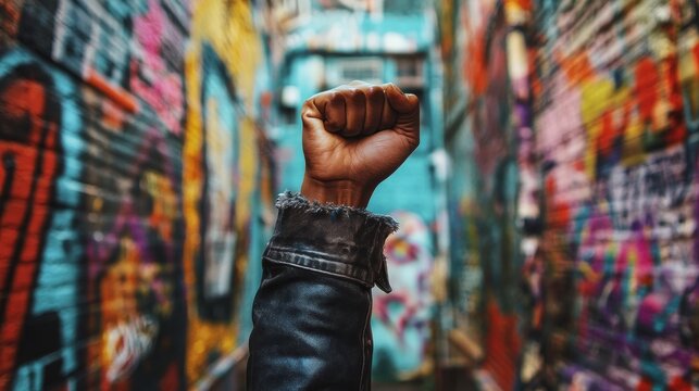 Dark-skinned person raising a fist in a graffiti alley, symbolizing protest and resistance against social inequality.