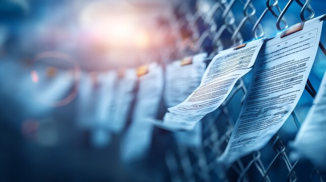 Documentation and Notices on a Chain Link Fence at Sunset