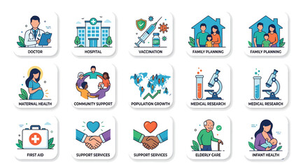 Naklejka premium Medical icons illustrate various healthcare and wellness services provided globally.
