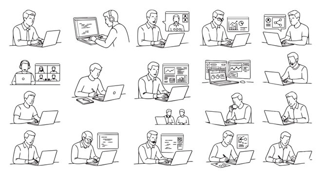 Set of remote work and online conferencing hand-drawn sketch icons with conferencing, computer