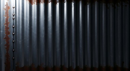 Obraz premium A close-up view of a weathered corrugated metal sheet with rusty edges