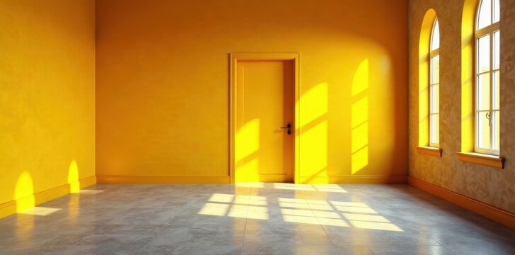 Desolate space with abstract yellow walls and carpet, single door leading out, yellow carpet, abandoned room, isolated space