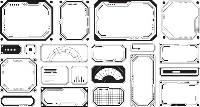 Set of diverse futuristic interface frames and HUD with geometric patterns and digital display for sci-fi applications and technology concepts