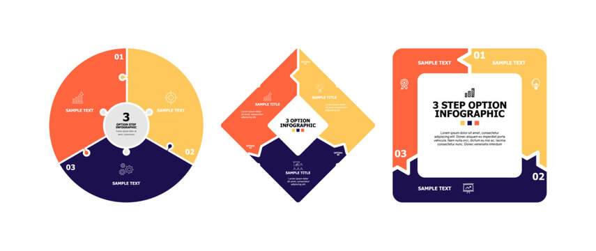 Venn diagram circle infographic set with 3 option step process for business presentation or report template. Vector editable eps.