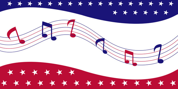 Patriotic red, white and blue illustration featuring musical notes flowing across a stylized American flag ideal for Fourth of July, national celebrations, concerts, music events, posters and holiday