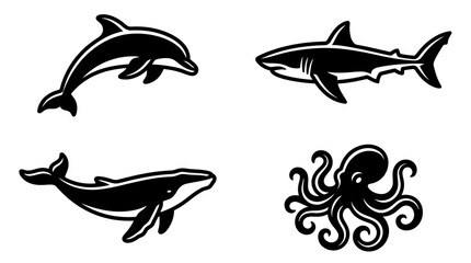 Vector Silhouettes of Ocean Animals: Dolphin, Shark, Whale, Octopus © ndoro