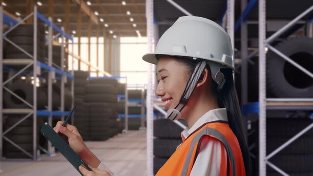 Side View of Asian Female Engineer Taking Note on Tablet While Walking at Tire Warehouse Interior with Industrial Shelving Racks