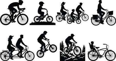 Fototapeta premium Black Cyclist Silhouettes Set with Diverse People Riding Bikes Families Children Couples and Mountain Bicyclists