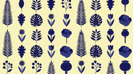 Seamless Botanical Pattern with Blue Leaves and Flowers on Yellow © Artify