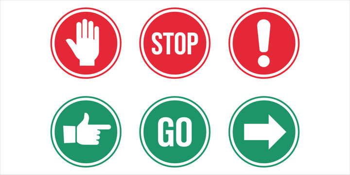 Six circular traffic and signal icons with stop hand go and arrow signs finger pointing