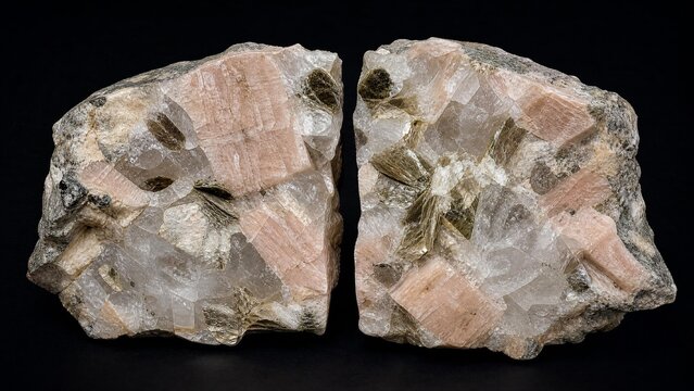Split pegmatite rock specimen showing large interlocking crystals.