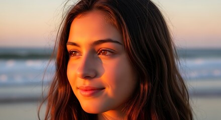 Fototapeta premium A close-up portrait of a young woman with long brown hair standing on a beach at sunset