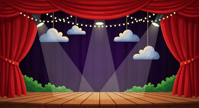 Cartoon Stage with Red Curtains and Spotlights