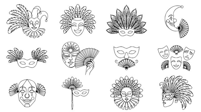 Venetian Masks Collection: Carnival, Masquerade, Jester, Feathered, Elegant, Festive Icons