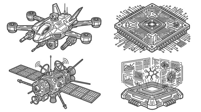 Futuristic Technology Collage: Drone, CPU, Satellite, Futuristic Interface