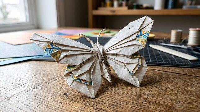 An origami butterfly on a wooden table with crafting supplies