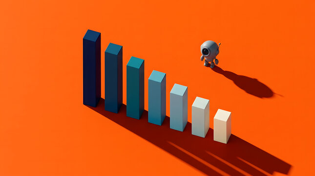 A small robot standing next to a descending bar chart
