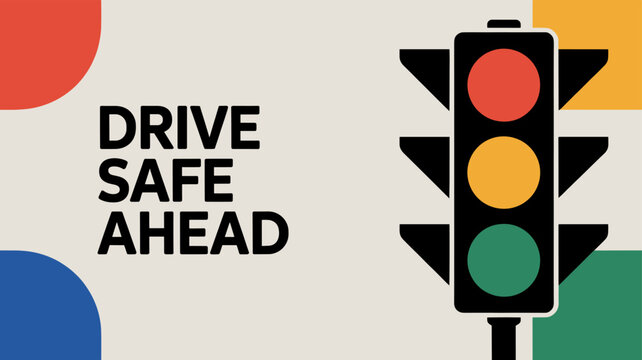 A graphic illustration promoting road safety with a prominent traffic light showing all three lights illuminated and the text 'DRIVE SAFE AHEAD' on a light background with colorful abstract shapes.
