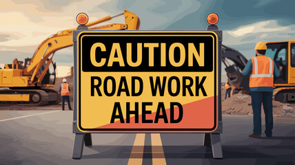 A prominent 'CAUTION ROAD WORK AHEAD' sign stands on a road with construction workers and yellow excavators in the background, indicating ongoing road construction. © umah