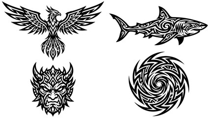Obraz premium Tribal Tattoo Designs: Phoenix, Shark, Monster, Spiral