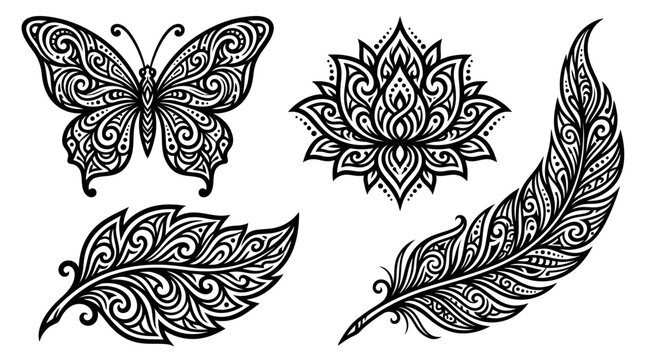 Intricate Black & White Tattoo Designs: Butterfly, Lotus, Feathers