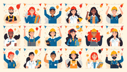 Fototapeta premium A vibrant collection of diverse professionals celebrating various occupations with festive decorations and cheerful expressions.