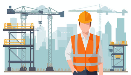 A construction worker in a hard hat and safety vest stands in front of a city skyline with cranes and building structures. © umah