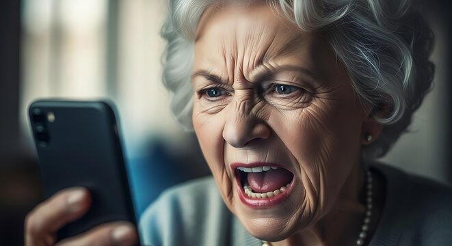 A close-up portrait of an elderly woman with a shocked expression, holding a smartphone