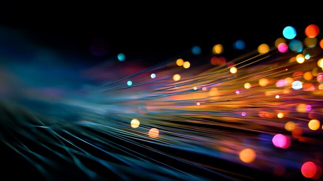 Close-up of colorful glowing fibre optics in motion, light trails blurring